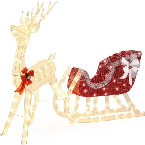 New 4ft Pre-lit Reindeer & Sleigh Set with 360 LED Lights for Christmas Decor - Picture 4 of 9